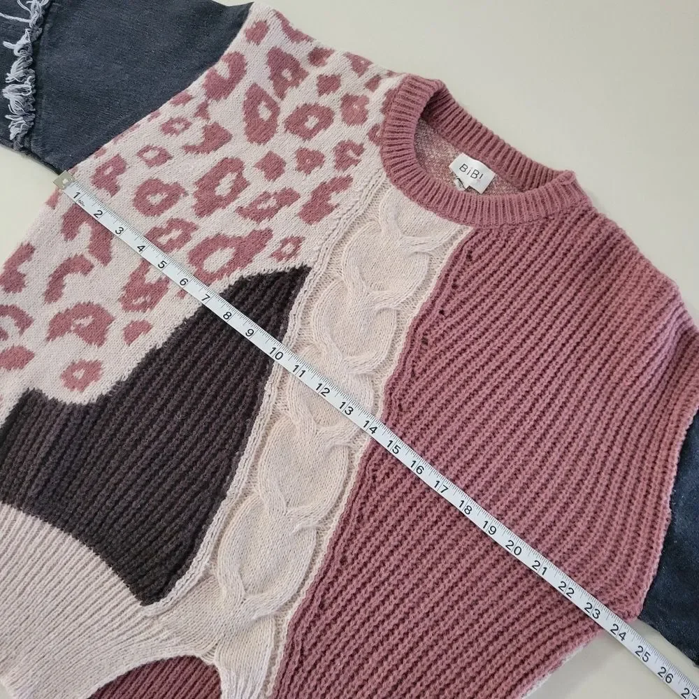 BiBi Denim Sleeve Leopard Sweater Rose Creme Black - Picture 5 of 16